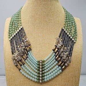 Lia Sophia "GODDESS" Multi Strand Green Blue Brown Collar Beaded Necklace 18.5"L